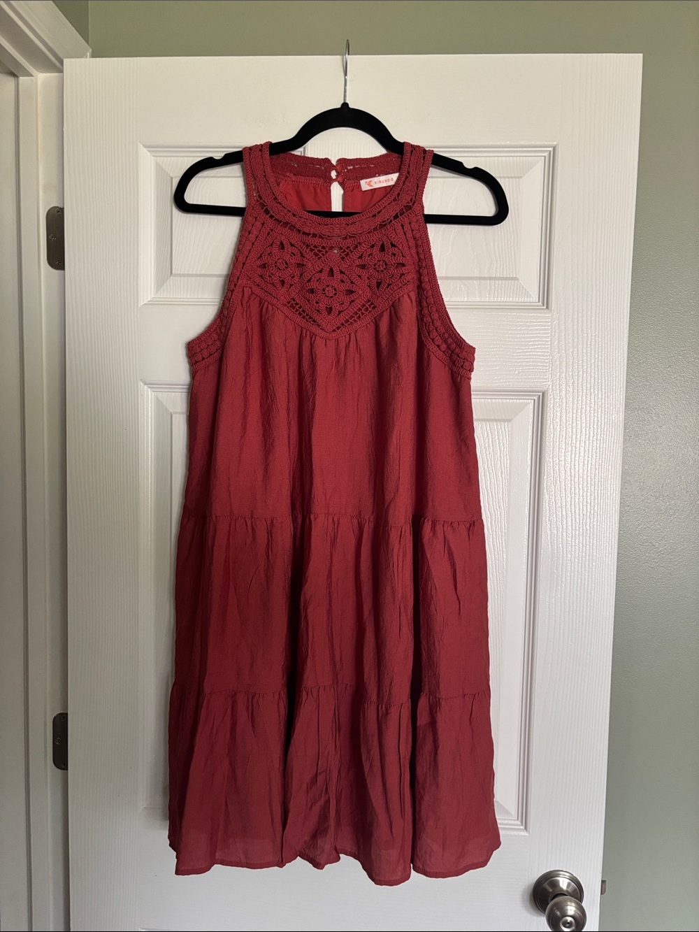 Crochet Yoke Sleeveless Dress - Rust Red